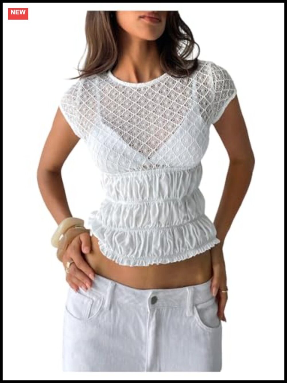 Mesh Sheer Ruffle Tiered Short Sleeve Crop Top Summer Tee